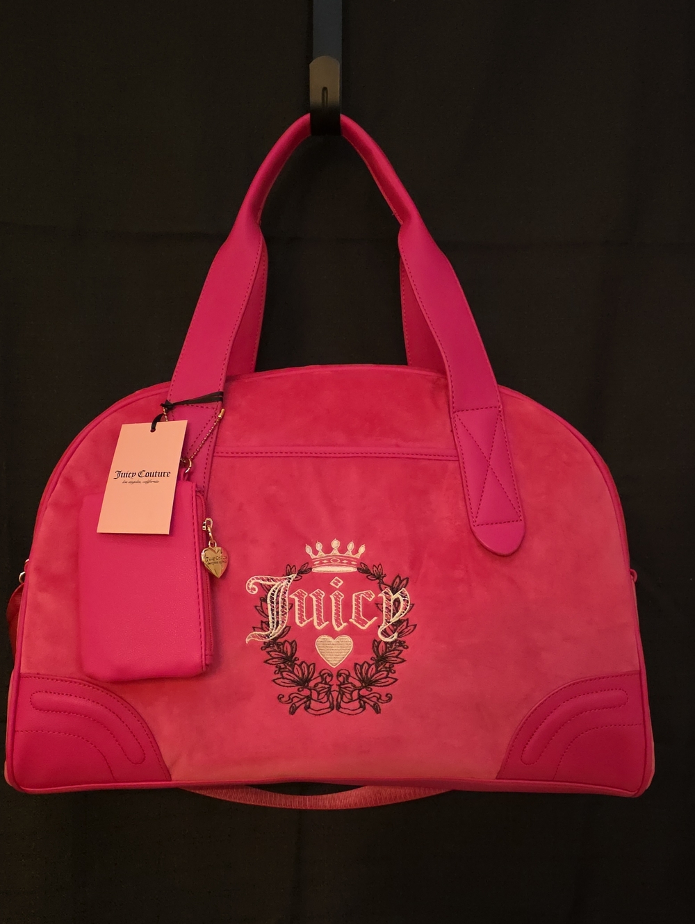 Juicy Couture NWT Barbie Pink Velour Weekender Tote. Gothic Embroidered Crest